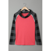 Red Cowl Neck Plaid Splice Casual Long Sleeve Top