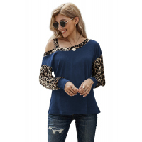 Blue Dew Shoulder Leopard Stitching Long-sleeved Blouse