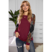 Wine Ethnic Print Raglan Top