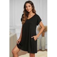 Black V Neck Cuffed T-shirt Dress