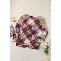 Sequin Shoulder Splicing Plaid Long Sleeve Top