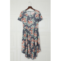 Gray Floral Print Short Sleeve Pleated Mini Dress