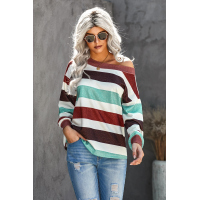 Brown One Shoulder Striped Color Block Lantern Long Sleeve Top