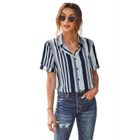 White Navy Striped Short Sleeve Button Shirt