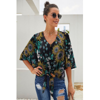 Black Floral Print Button Tie Top