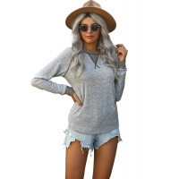 Gray Contrasted Stitching Hacci Knit Long Sleeve Top 