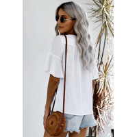 Retro Embroidered Print White Ruffle Short Sleeve Top