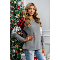 Gray Buffalo Plaid & Stripe Splicing Long Sleeve Top