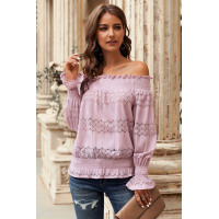 Pink Off Shoulder Ruffle Long Sleeve Smocked Waist Lace Crochet Blouse