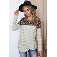 Leopard Print Splicing Apricot Striped Long Sleeve Top with Front Twist 