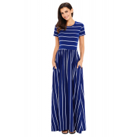 White Striped Navy Short Sleeve Maxi Dress