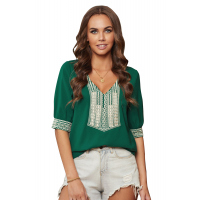 Green Deep V-neck Half Sleeve Embroidery Patch Blouse