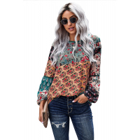 Green Bohemian Floral Print Patchwork Top