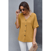 Yellow V Neck Button Front Crinkled Blouse