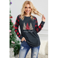 Leopard Christmas Tree Print Splice Red Plaid Long Sleeve Top