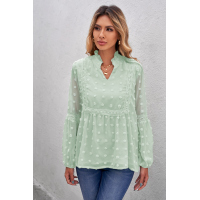 Green Ruffled Split Neck Lace Hollow Out Puff Sleeve Polka Dot Blouse