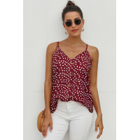 Red Button Front V Neck Spaghetti Straps Tank Top