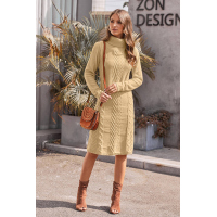 Khaki Hand Knitted High Neck Sweater Dress