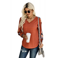 Orange Contrast Eyelet Thermal Knit Top