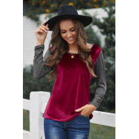 Red Round Neck Color Block Velvet Pleated Long Sleeve Top