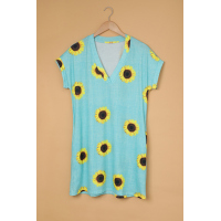 Short Sleeve V Neck Sunflower Print Mini Dress with Pocket