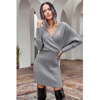 Gray Wrap V Neck Batwing Sleeves Ribbed Sweater Dress