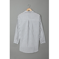 Gray Stripe Linen Dropped Sleeve Button Blouse with Pocket