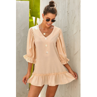 Beige Casual Loose V Neck Short Swing Dress