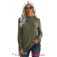 Army Green Buttoned Neck Knit Long Sleeves Top