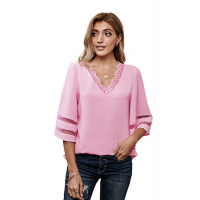 Pink V Lace Neckline 3/4 Bell Mesh Sleeves Blouse