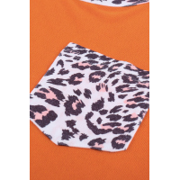 Orange Leopard Splicing Long Sleeve Top with Button Details