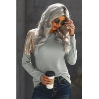 Gray Sequin Shoulder Long Sleeve Top