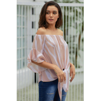 Off The Shoulder Vertical Stripes Blouse in Pink