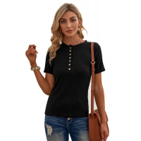 Black Buttoned Ribbed Knit Short Sleeve Top