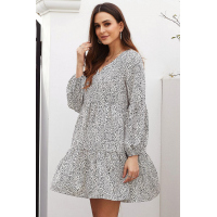 White Leopard Ruffle V-Neck Flowy Loose Tunic Dress