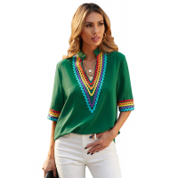 Green Ethnic Colorblock Short Sleeves Top