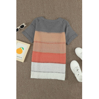 Gray Stripe Print Knitted V Neck Top