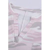 Pink Split Neck Camo Thermal Knit Top