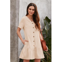 Beige Pocketed Button Ruffle Dress