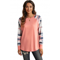 Pink Raglan Long Sleeve Geometric Print Top