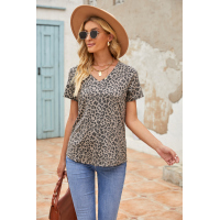 Leopard Print V Neck Tee with Pocket