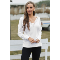 White Deep V-neck Eyelash Lace Trim Top