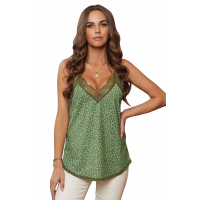 Green Spaghetti Strap Printed Lace Tank Top