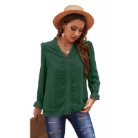 Green Elegant V-Neck Swiss Dot Lace Blouse