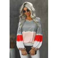 Gray Ombre Tie-dye Colorblock Lantern Sleeves Top