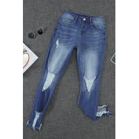 Dark Blue Washed Distressed Slits Skinny Jeans