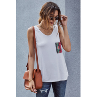 White Casual Women Tank Top with Multicolor Pocket