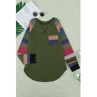 Green Color Block Striped Pocket Long Sleeve Top