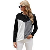 Black Color Block Splicing O-Neck Blouse