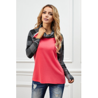 Red Cowl Neck Plaid Splice Casual Long Sleeve Top